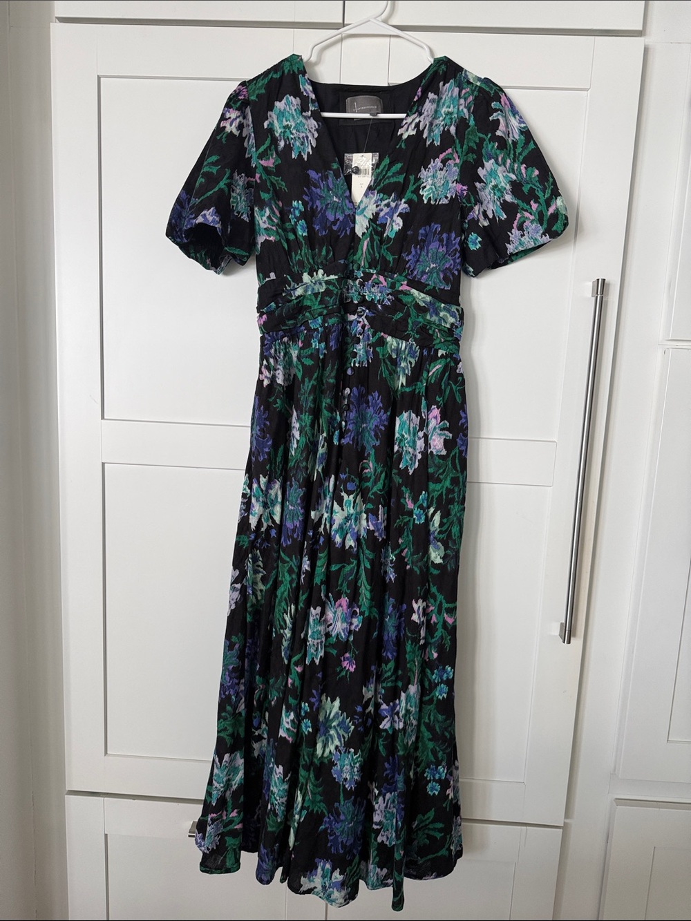 Anthropologie Black Maxi Dress with Green & Purple Floral Print